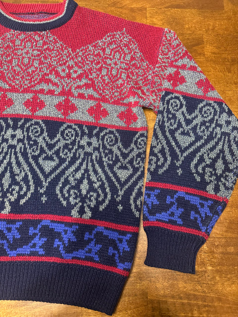 Vintage 80s/90s Red Navy Abstract Baroque Style Sweater (M+)