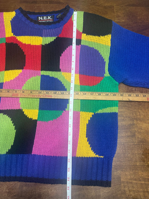 Vintage 90s Blue Knit Rainbow Circles Sweater (M)