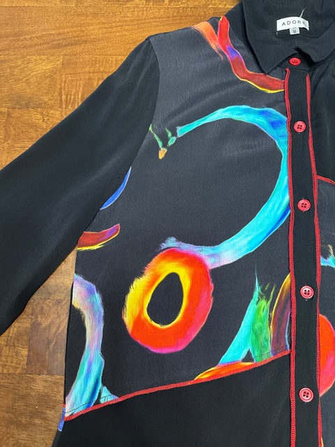 Vintage 90s Black Rainbow Swirls Art Blouse (S/M)