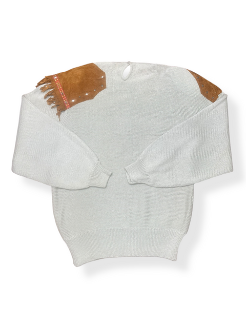 Vintage 80s Deadstock 'Le Top' Fringe Suede Embellished Hardware Sweater (M)