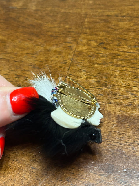Vintage 80s Art Deco Lady Face Brooch w/ Faux Fur & Sequin Headband