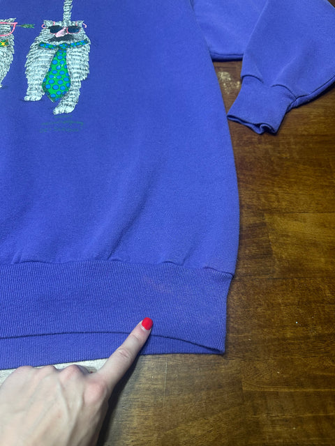 Vintage 90s Purple Cat Sweatshirt w/ Reverse Double-Sided Graphic (L+)