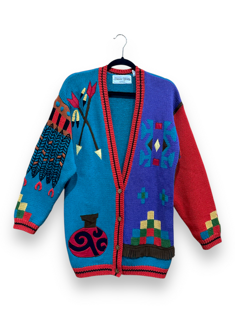 Vintage Aztec Applique Chunky Knit Cardigan Sweater (M)