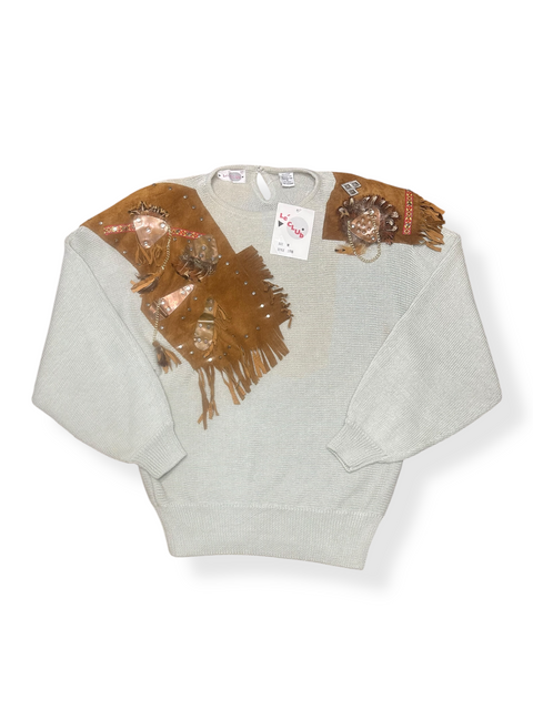 Vintage 80s Deadstock 'Le Top' Fringe Suede Embellished Hardware Sweater (M)