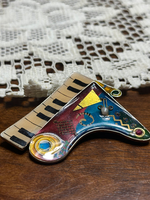 Vintage Abstract Piano Brooch w/ Mixed Media Detail
