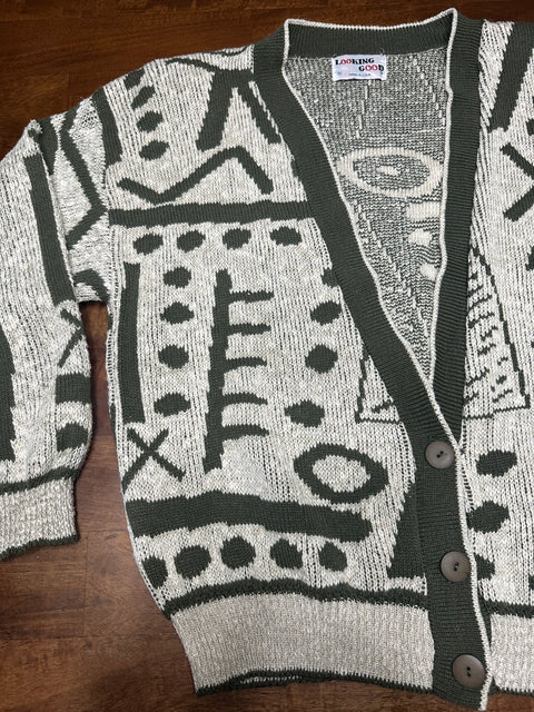 Vintage 80s Olive Green Abstract Patterned Cardigan Sweater (~M)