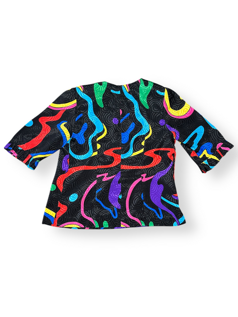 Vintage 80s Black Rainbow Swirly Abstract Blouse (~S)