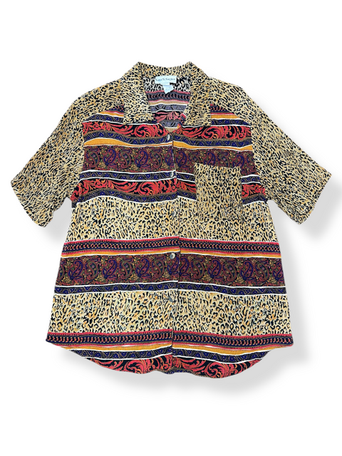 Vintage 80s Rayon Abstract Cheetah Print Button-Up ('8')
