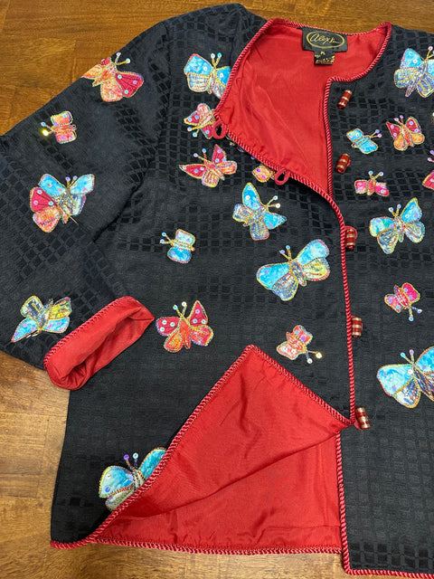 Vintage Black Butterfly Sequin Applique Blazer Jacket (S/M)