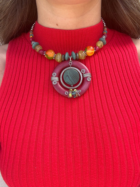Colorful Artsy Wrap-Style Boho Pendant Choker Necklace