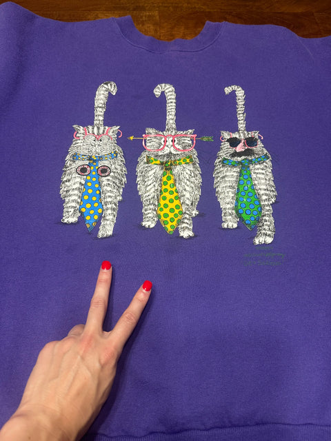 Vintage 90s Purple Cat Sweatshirt w/ Reverse Double-Sided Graphic (L+)