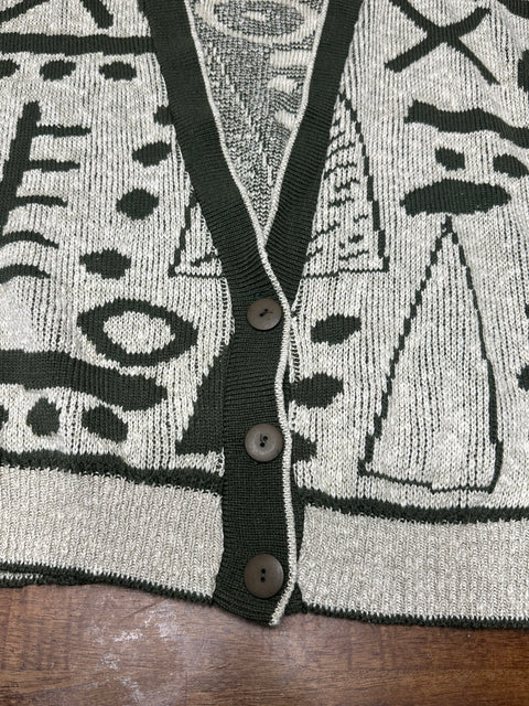 Vintage 80s Olive Green Abstract Patterned Cardigan Sweater (~M)