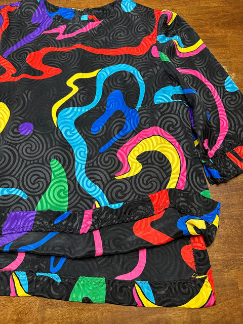 Vintage 80s Black Rainbow Swirly Abstract Blouse (~S)