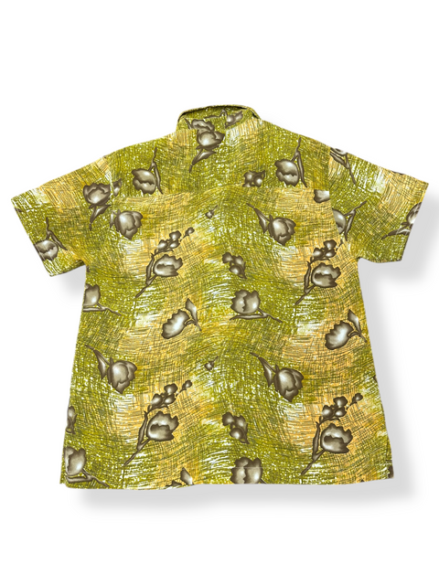 Vintage 80s Sheer Mustard Yellow Abstract Patterned Button-Up (M)