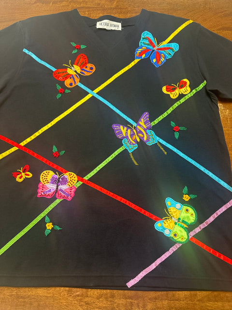 Vintage Black Rainbow Butterfly Applique T-Shirt (~L)