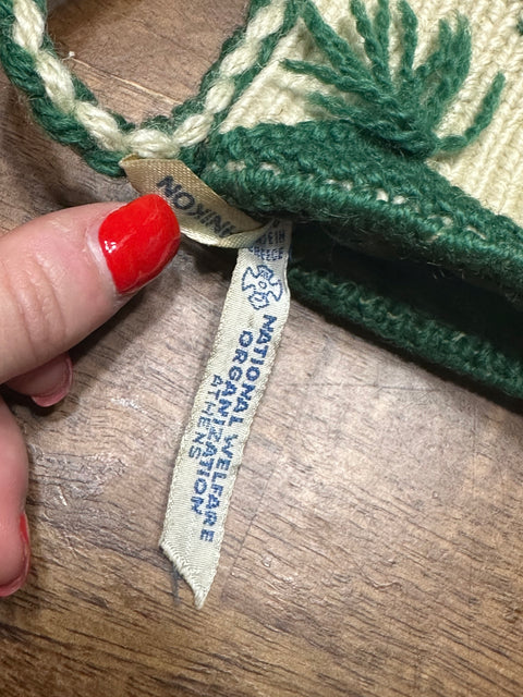 Vintage 60s/70s Green Woven Folk Art Tassel Trim Tote Bag