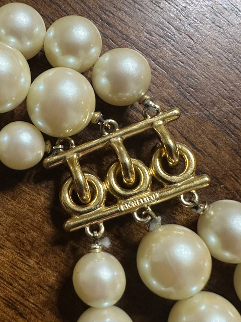 Vintage Richelieu Triple Strand Pearl Choker w/ Pink Gem Center