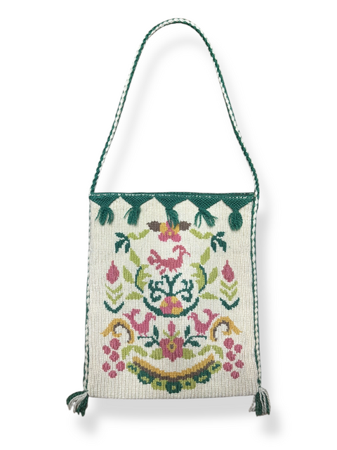 Vintage 60s/70s Green Woven Folk Art Tassel Trim Tote Bag