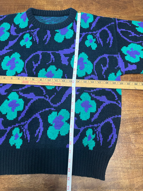 Vintage 80s Teal/Purple Floral Black Sweater (~S)