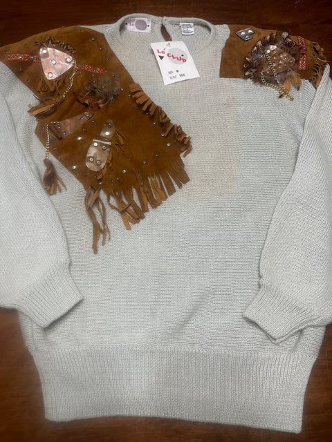 Vintage 80s Deadstock 'Le Top' Fringe Suede Embellished Hardware Sweater (M)