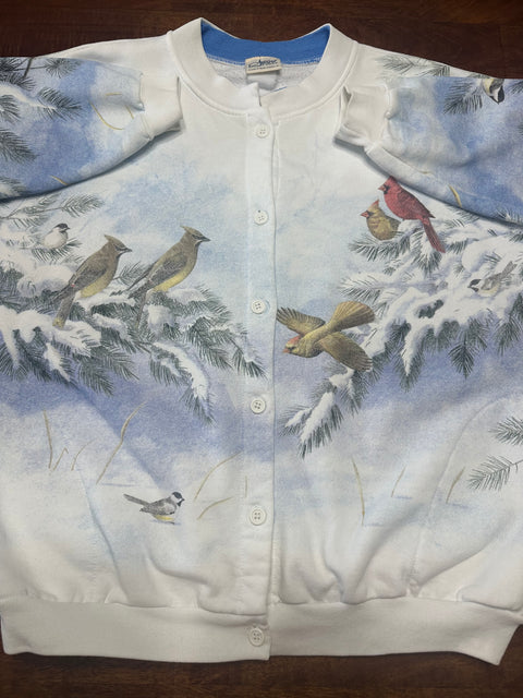 Vintage 90s Bird Print Winter Scene Sweatshirt (S/M)