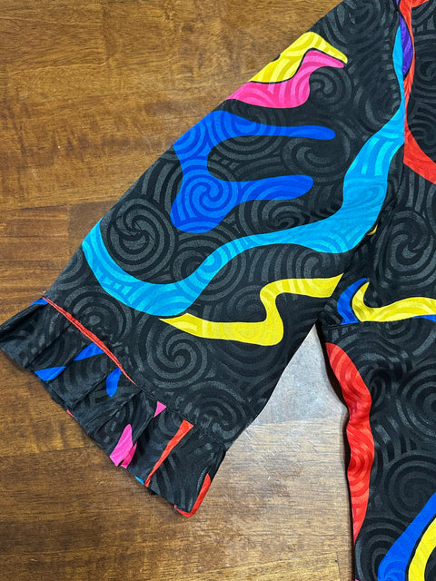 Vintage 80s Black Rainbow Swirly Abstract Blouse (~S)