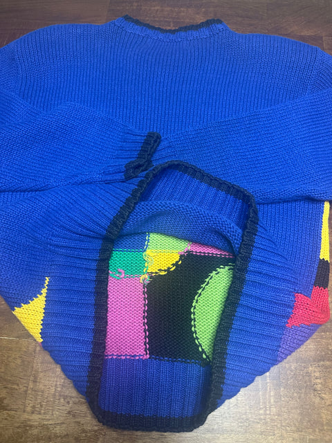 Vintage 90s Blue Knit Rainbow Circles Sweater (M)