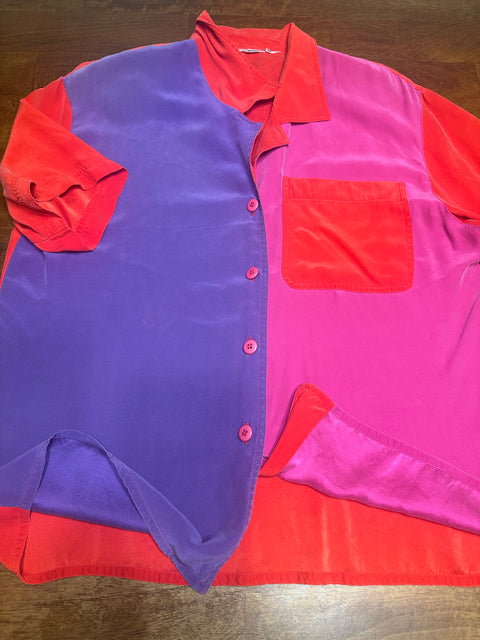 Vintage Silk Red Pink Purple Colorblock Shirt (S/M)