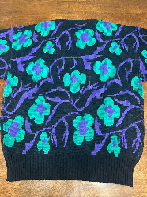 Vintage 80s Teal/Purple Floral Black Sweater (~S)