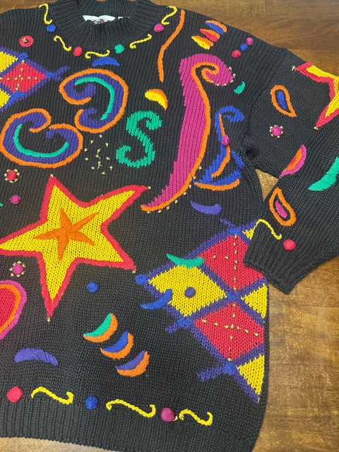 Vintage 80s Rainbow Stars & Hearts 3D Knit Statement Sweater (L, XL+)