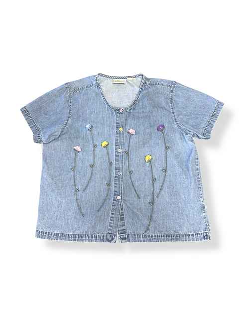 Vintage 90s Denim Floral Button-Up Shirt ('L')