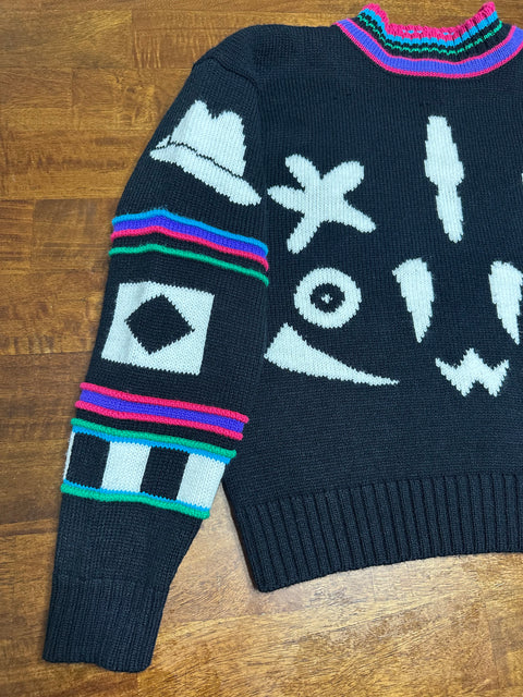 Vintage 90s Gitano Black Neon Abstract 'Face' Sweater (S/M)