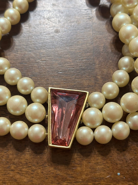 Vintage Richelieu Triple Strand Pearl Choker w/ Pink Gem Center