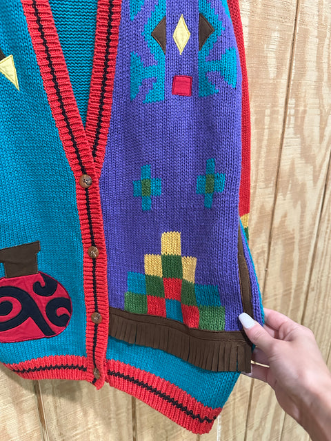 Vintage Aztec Applique Chunky Knit Cardigan Sweater (M)