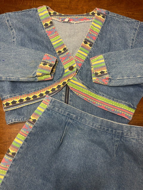 Vintage 90s Denim 2-Piece Cropped Jacket & Skirt Set (~M)