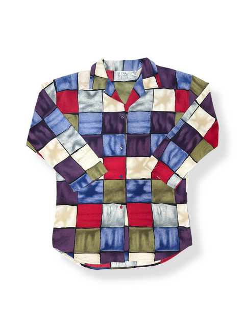 Vintage Multicolored Stained Glass Checker Pattern Blouse (M/L)