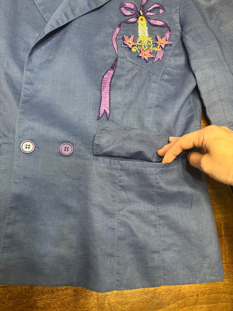 Vintage 80s Pia Rucci Periwinkle Embroidered Art Deco Blazer (14, ~S)