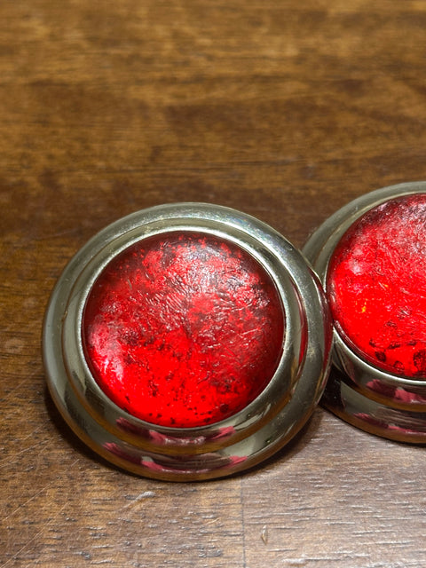 Vintage 80s Red Resin + Silver Metal Trim Clip-On Statement Earrings