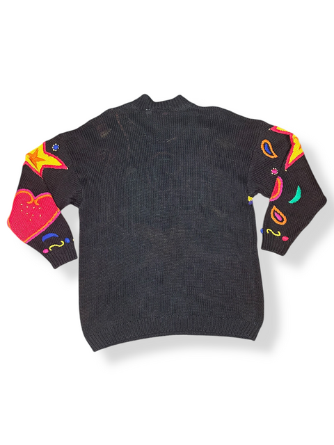 Vintage 80s Rainbow Stars & Hearts 3D Knit Statement Sweater (L, XL+)