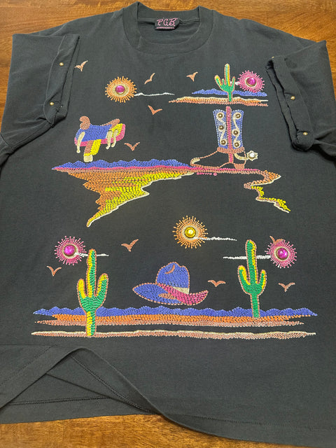 Vintage 80s Black Western Desert Scene Gem T-Shirt (2X+)
