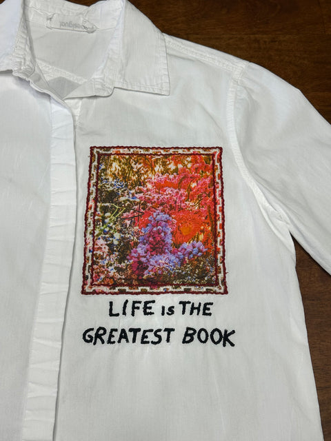 "Life is the Greatest Book" Patchwork Button-Up Shirt (XS/S)