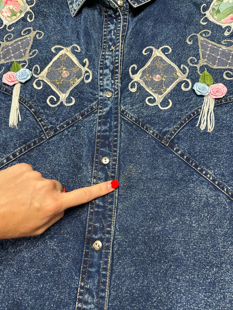 Vintage 80s/90s Acid Wash Denim Embellished Shirt (~XL)