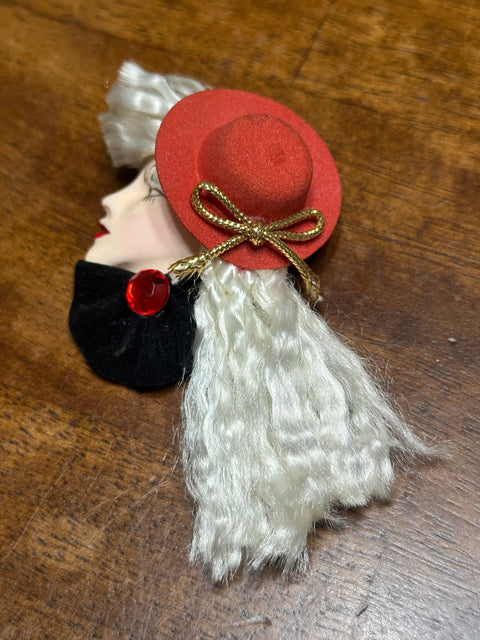 Vintage 80s Lady Face Brooch w/ Red Hat & White Curly Hair