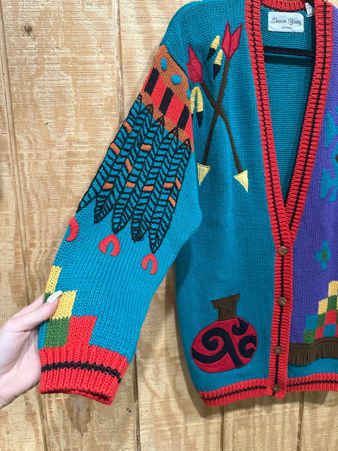 Vintage Aztec Applique Chunky Knit Cardigan Sweater (M)