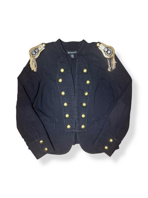 Vintage Black Military-Style Jacket with Gold Button Fringe Details (S/M)