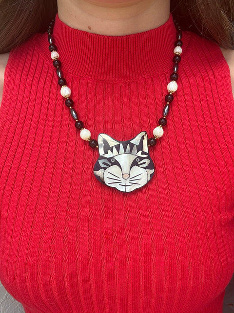 Lee Sands Mother of Pearl Cat Pendant Necklace