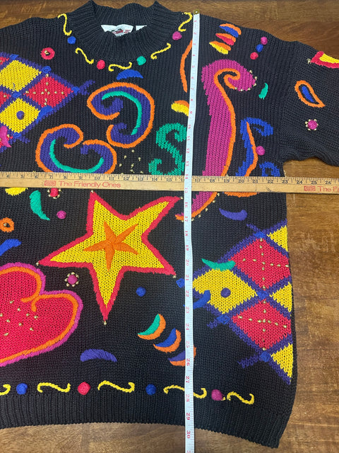 Vintage 80s Rainbow Stars & Hearts 3D Knit Statement Sweater (L, XL+)