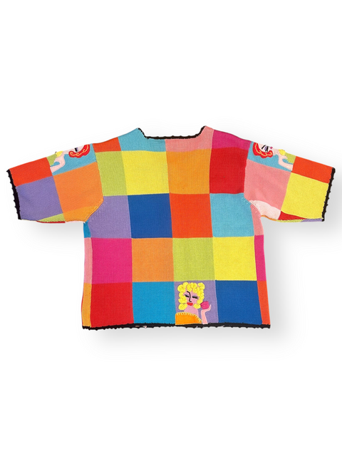 ☕Vtg 90s 'Tea Party' Lady Faces Colorblock Knit Statement Sweater (S/M)
