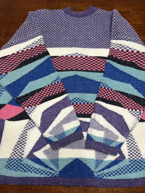 Vintage 90s Forelli Purple Abstract Geometric Textured Sweater (L)