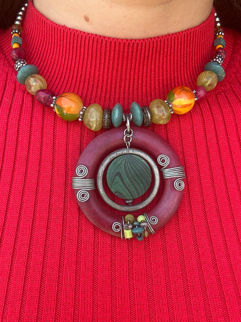 Colorful Artsy Wrap-Style Boho Pendant Choker Necklace